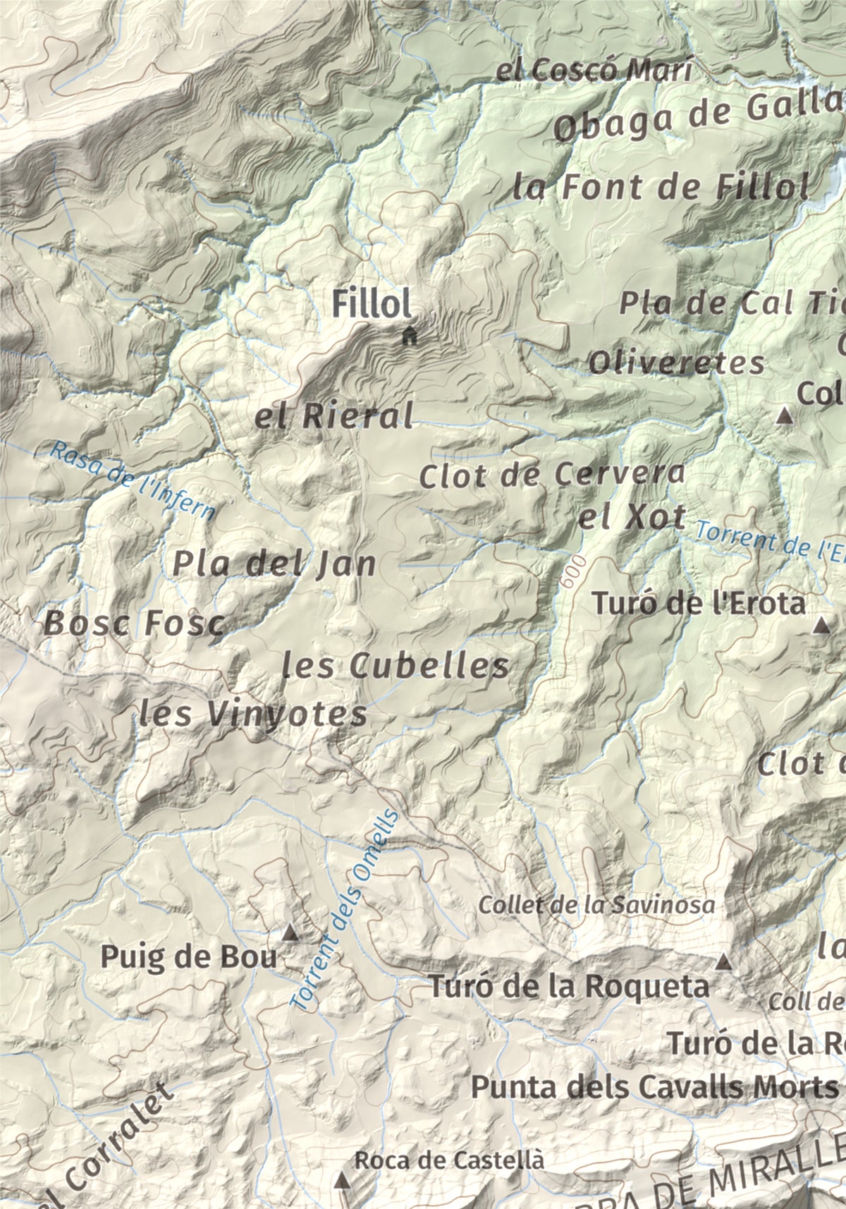 Mapa de relieve de Grony de Miralles, 866 m, Anoia, lámina 100 Cims de Trobart. Detalle de la zona superior izquierda. 21 × 30 cm.