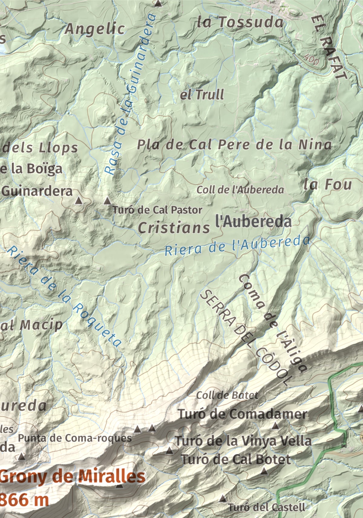 Mapa de relieve de Grony de Miralles, 866 m, Anoia, lámina 100 Cims de Trobart. Detalle de la zona superior derecha. 21 × 30 cm.