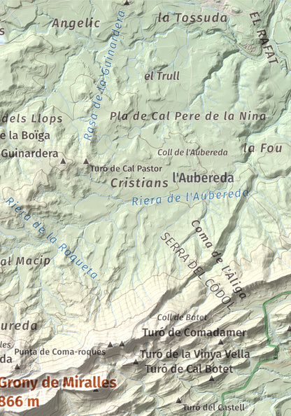 Mapa de relieve de Grony de Miralles, 866 m, Anoia, lámina 100 Cims de Trobart. Detalle de la zona superior derecha. 21 × 30 cm.
