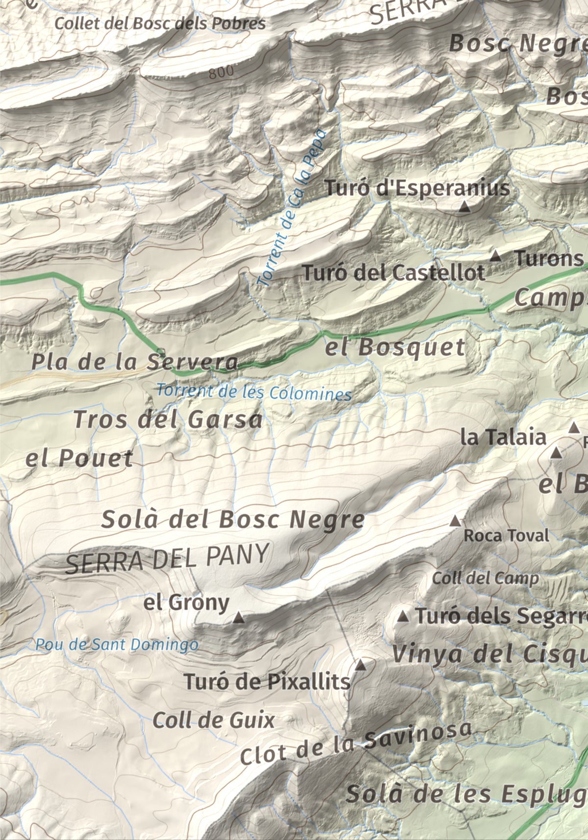 Mapa de relieve de Grony de Miralles, 866 m, Anoia, lámina 100 Cims de Trobart. Detalle de la zona inferior izquierda. 21 × 30 cm.
