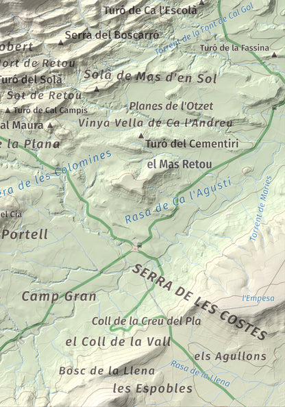 Mapa de relieve de Grony de Miralles, 866 m, Anoia, lámina 100 Cims de Trobart. Detalle de la zona inferior derecha. 21 × 30 cm.
