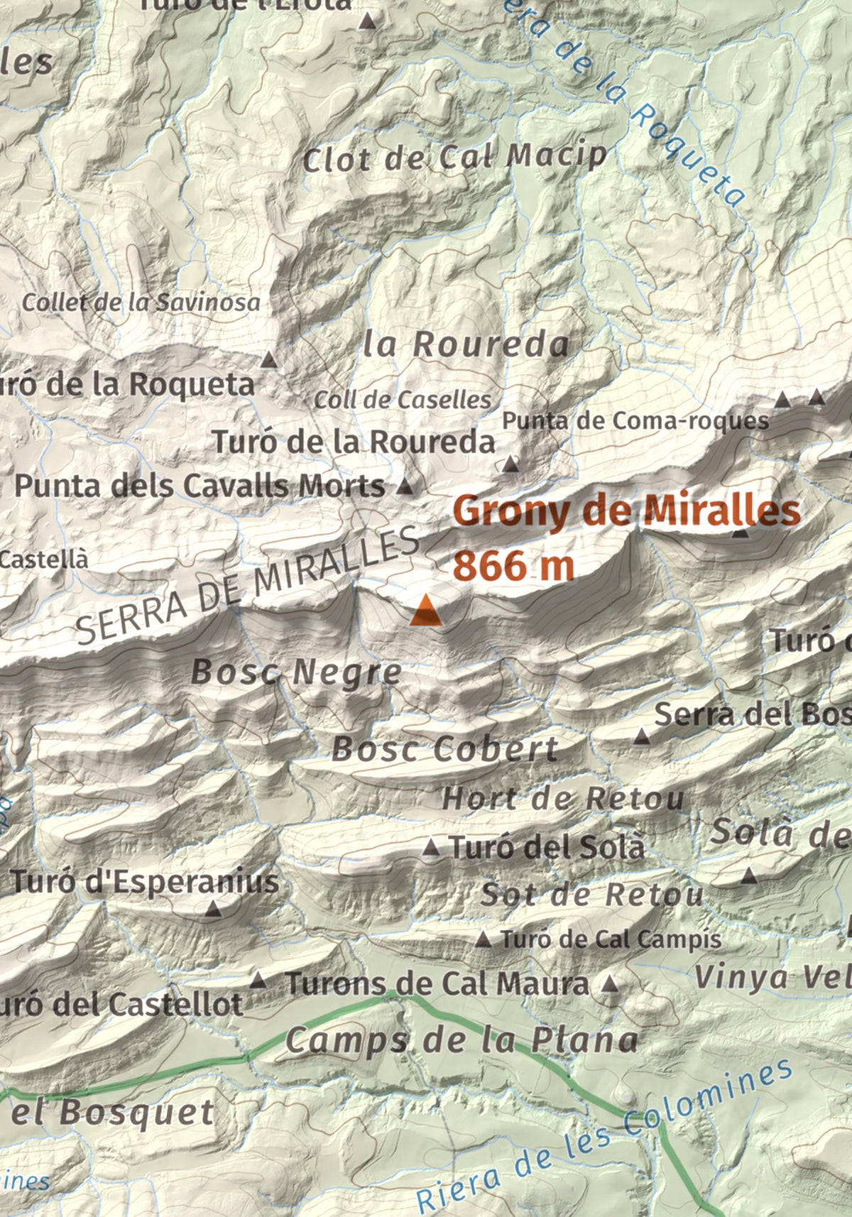Mapa de relieve de Grony de Miralles, 866 m, Anoia, lámina 100 Cims de Trobart. Detalle de la zona central. 21 × 30 cm.