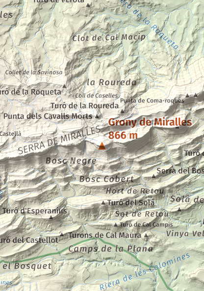 Mapa de relieve de Grony de Miralles, 866 m, Anoia, lámina 100 Cims de Trobart. Detalle de la zona central. 21 × 30 cm.