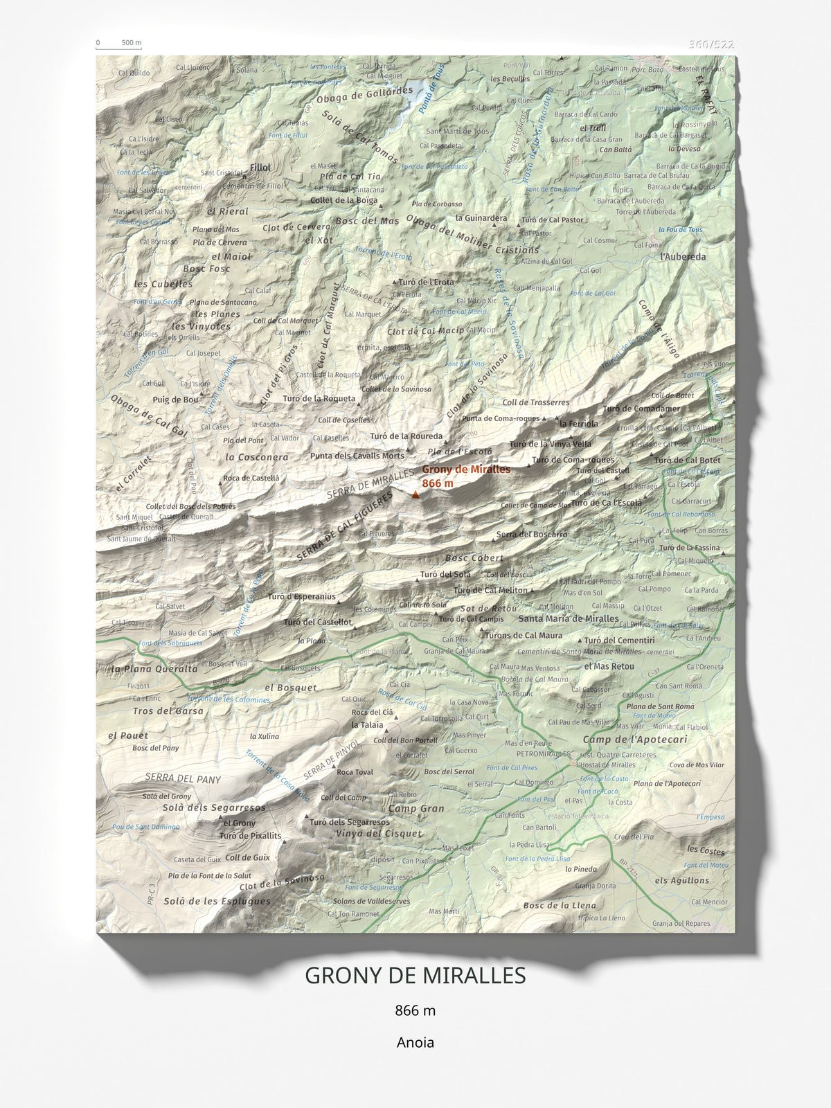 Mapa de relieve de Grony de Miralles, 866 m, Anoia, lámina 100 Cims de Trobart 30 × 40 cm.