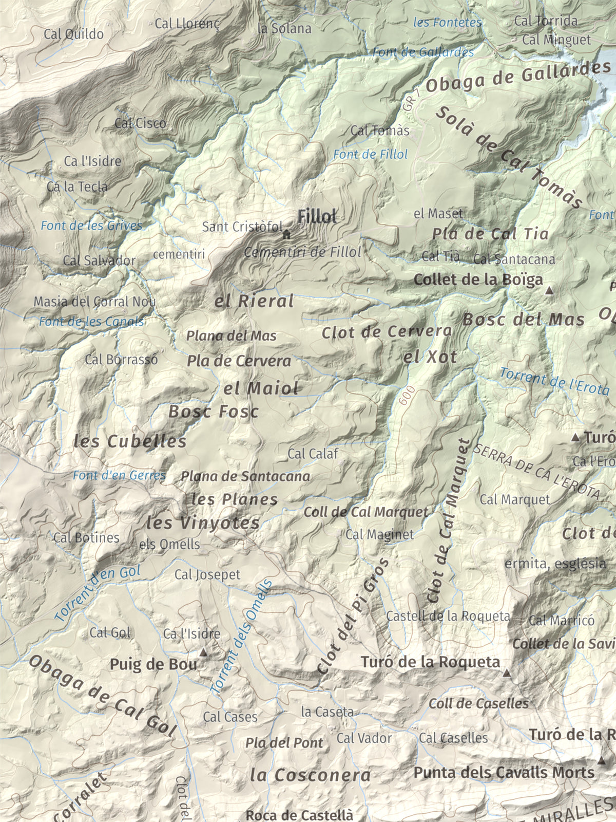 Mapa de relieve de Grony de Miralles, 866 m, Anoia, lámina 100 Cims de Trobart. Detalle de la zona superior izquierda. 30 × 40 cm.