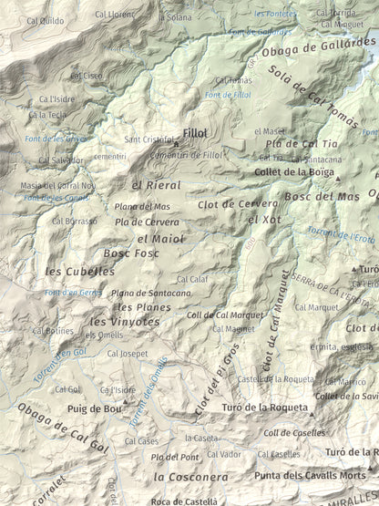 Mapa de relieve de Grony de Miralles, 866 m, Anoia, lámina 100 Cims de Trobart. Detalle de la zona superior izquierda. 30 × 40 cm.