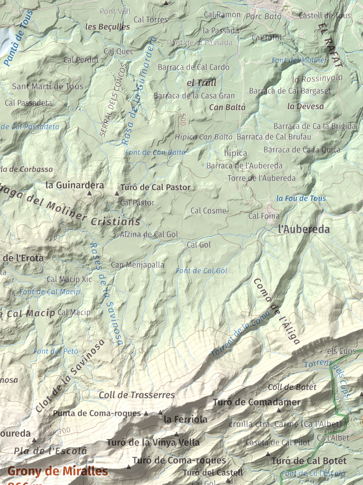 Mapa de relieve de Grony de Miralles, 866 m, Anoia, lámina 100 Cims de Trobart. Detalle de la zona superior derecha. 30 × 40 cm.
