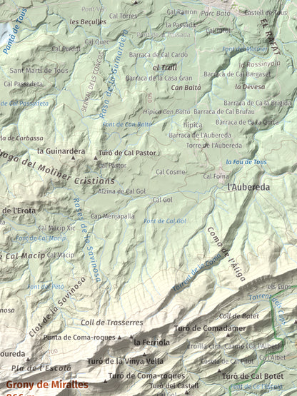 Mapa de relieve de Grony de Miralles, 866 m, Anoia, lámina 100 Cims de Trobart. Detalle de la zona superior derecha. 30 × 40 cm.