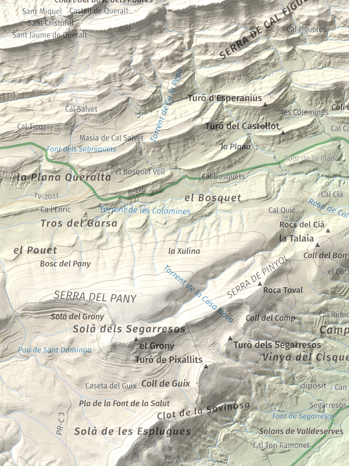 Mapa de relieve de Grony de Miralles, 866 m, Anoia, lámina 100 Cims de Trobart. Detalle de la zona inferior izquierda. 30 × 40 cm.