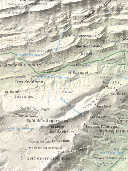 Mapa de relieve de Grony de Miralles, 866 m, Anoia, lámina 100 Cims de Trobart. Detalle de la zona inferior izquierda. 30 × 40 cm.