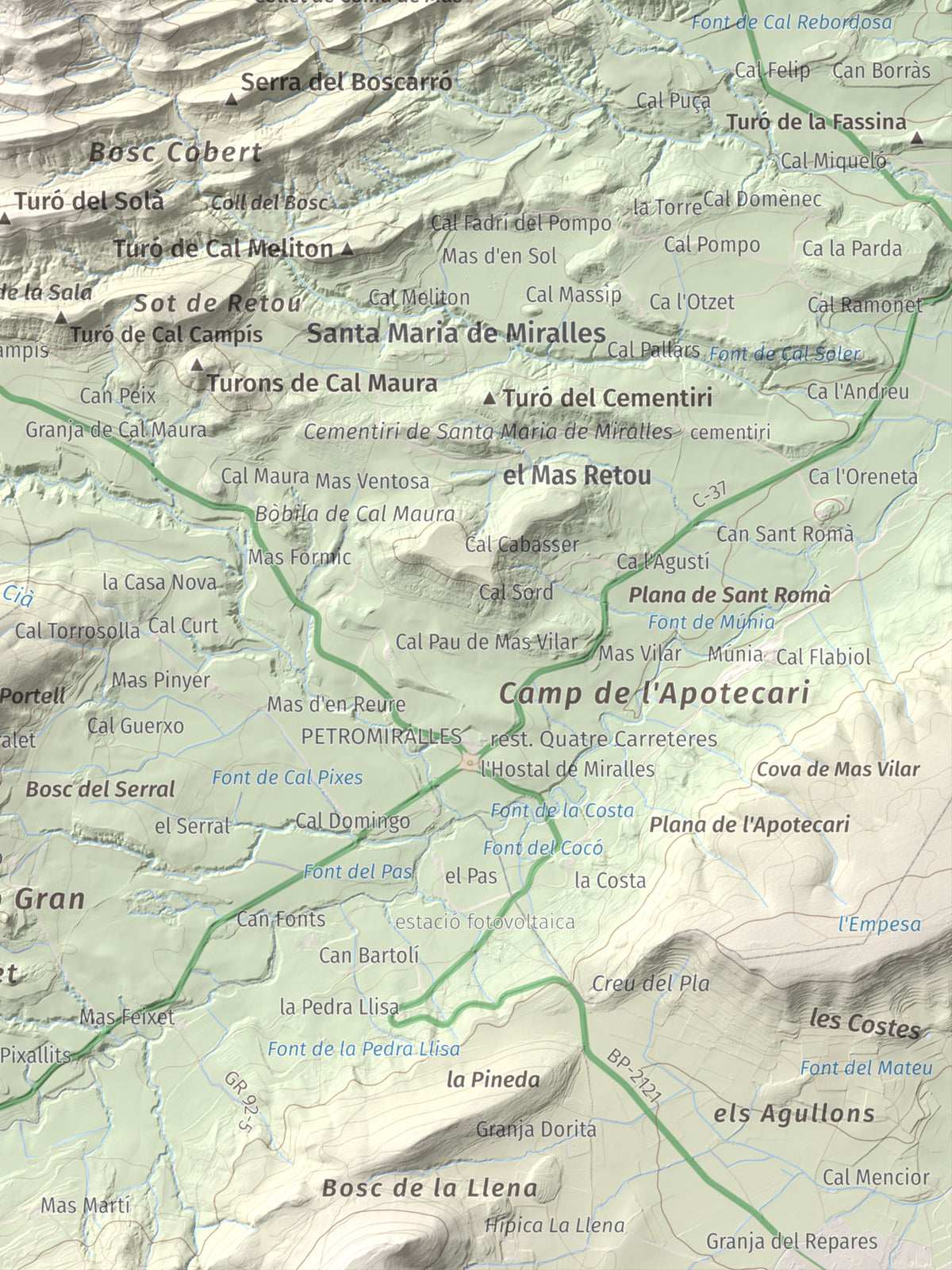 Mapa de relieve de Grony de Miralles, 866 m, Anoia, lámina 100 Cims de Trobart. Detalle de la zona inferior derecha. 30 × 40 cm.