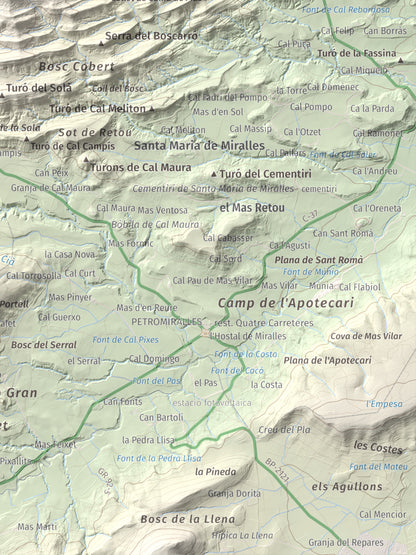 Mapa de relieve de Grony de Miralles, 866 m, Anoia, lámina 100 Cims de Trobart. Detalle de la zona inferior derecha. 30 × 40 cm.
