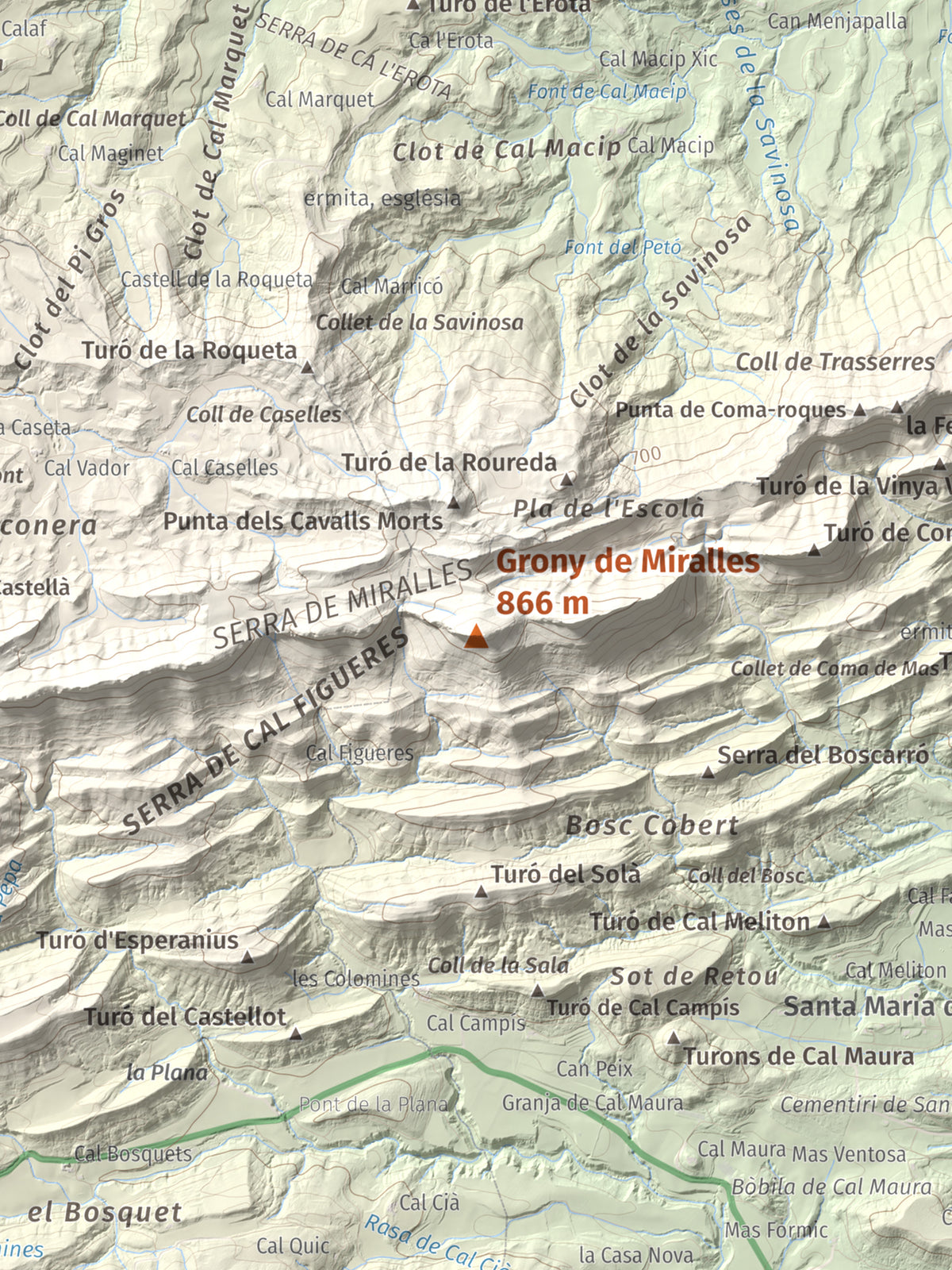 Mapa de relieve de Grony de Miralles, 866 m, Anoia, lámina 100 Cims de Trobart. Detalle de la zona central. 30 × 40 cm.
