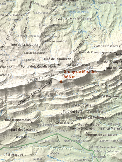 Mapa de relieve de Grony de Miralles, 866 m, Anoia, lámina 100 Cims de Trobart. Detalle de la zona central. 30 × 40 cm.