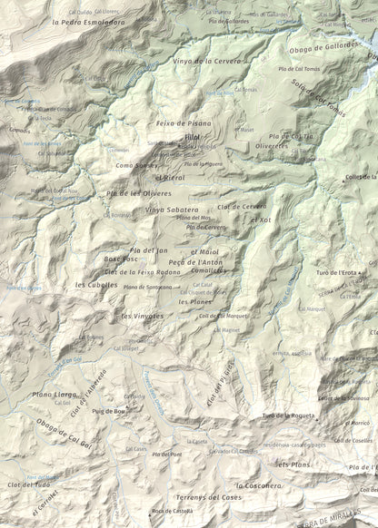 Mapa de relieve de Grony de Miralles, 866 m, Anoia, lámina 100 Cims de Trobart. Detalle de la zona superior izquierda. 50 × 70 cm.