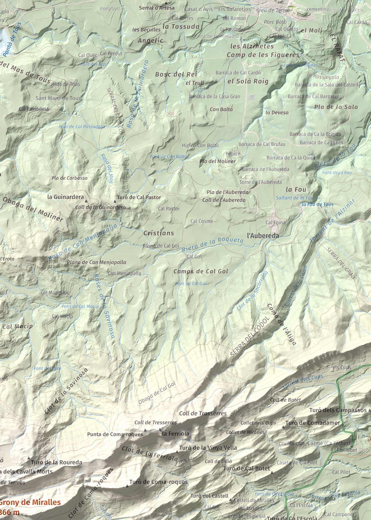 Mapa de relieve de Grony de Miralles, 866 m, Anoia, lámina 100 Cims de Trobart. Detalle de la zona superior derecha. 50 × 70 cm.