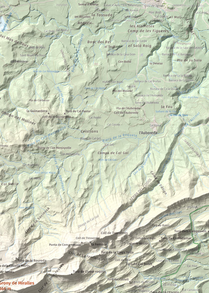 Mapa de relieve de Grony de Miralles, 866 m, Anoia, lámina 100 Cims de Trobart. Detalle de la zona superior derecha. 50 × 70 cm.