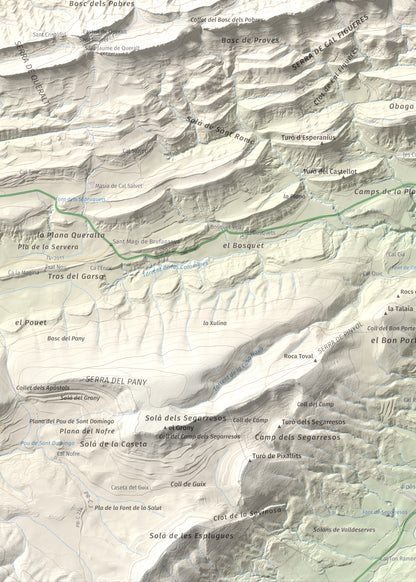 Mapa de relieve de Grony de Miralles, 866 m, Anoia, lámina 100 Cims de Trobart. Detalle de la zona inferior izquierda. 50 × 70 cm.