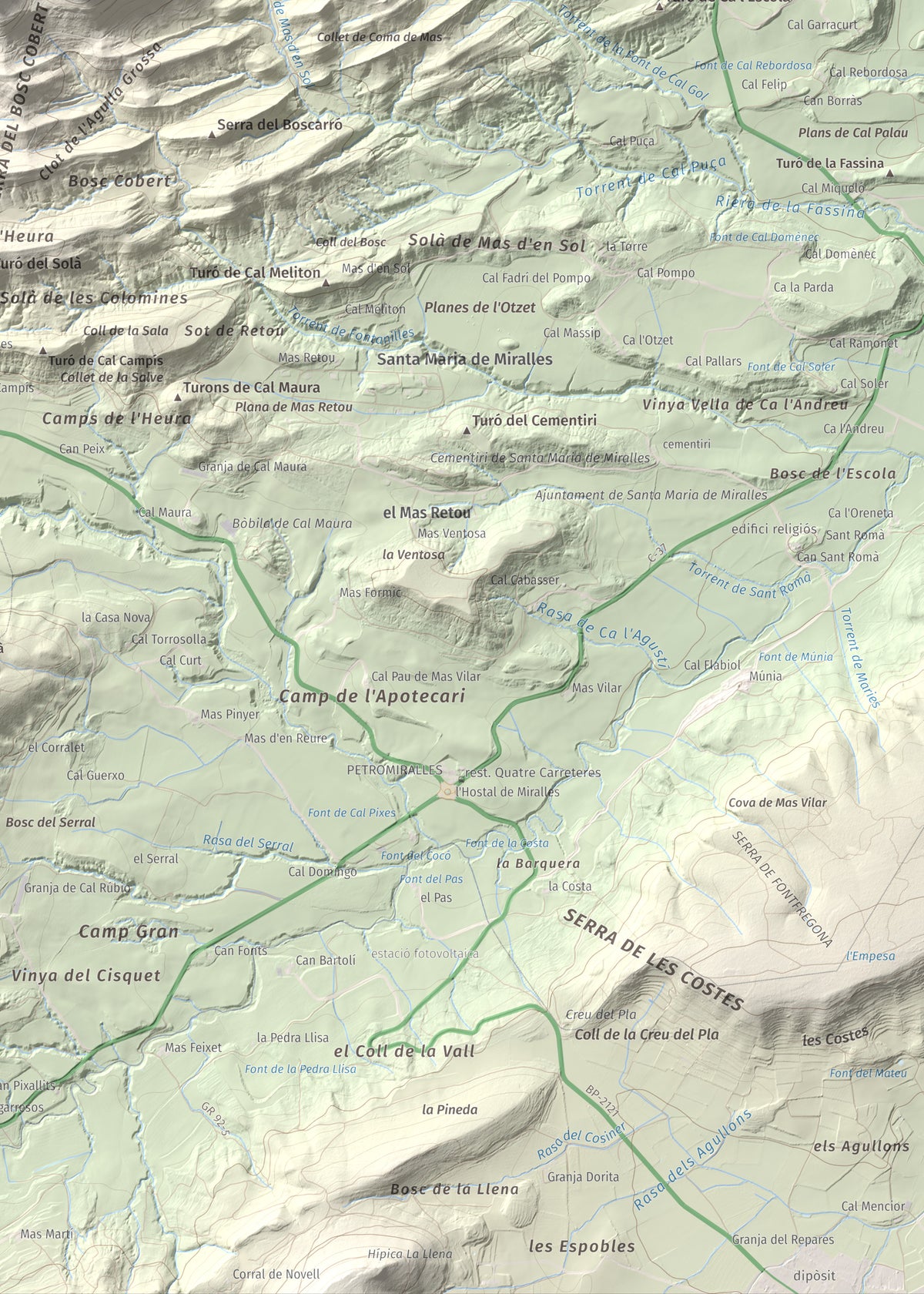 Mapa de relieve de Grony de Miralles, 866 m, Anoia, lámina 100 Cims de Trobart. Detalle de la zona inferior derecha. 50 × 70 cm.