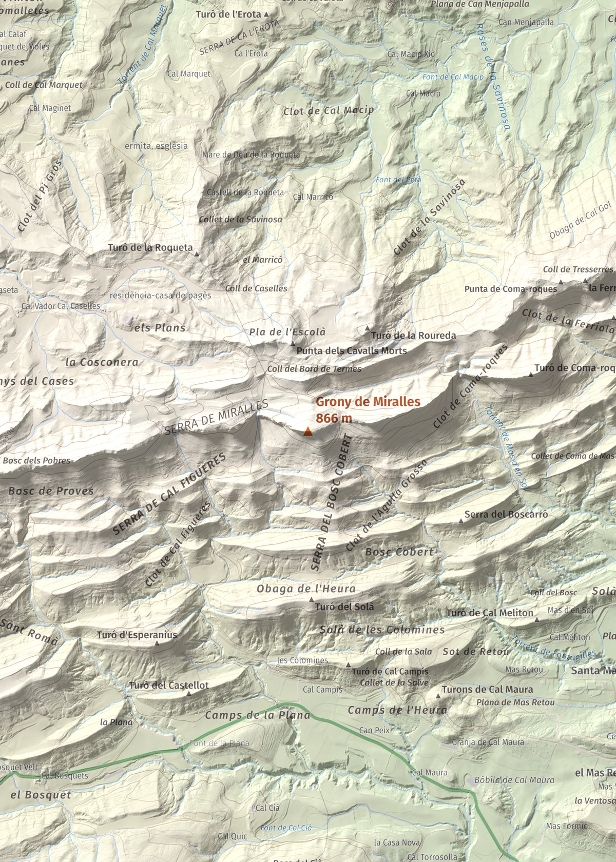 Mapa de relieve de Grony de Miralles, 866 m, Anoia, lámina 100 Cims de Trobart. Detalle de la zona central. 50 × 70 cm.