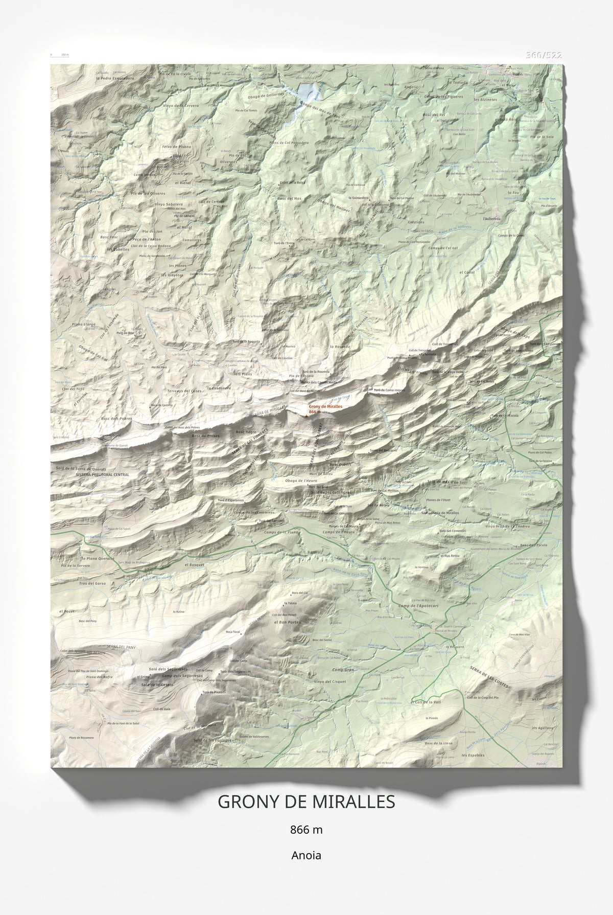 Mapa de relieve de Grony de Miralles, 866 m, Anoia, lámina 100 Cims de Trobart 61 × 91 cm.