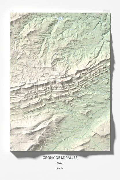 Mapa de relieve de Grony de Miralles, 866 m, Anoia, lámina 100 Cims de Trobart 61 × 91 cm.
