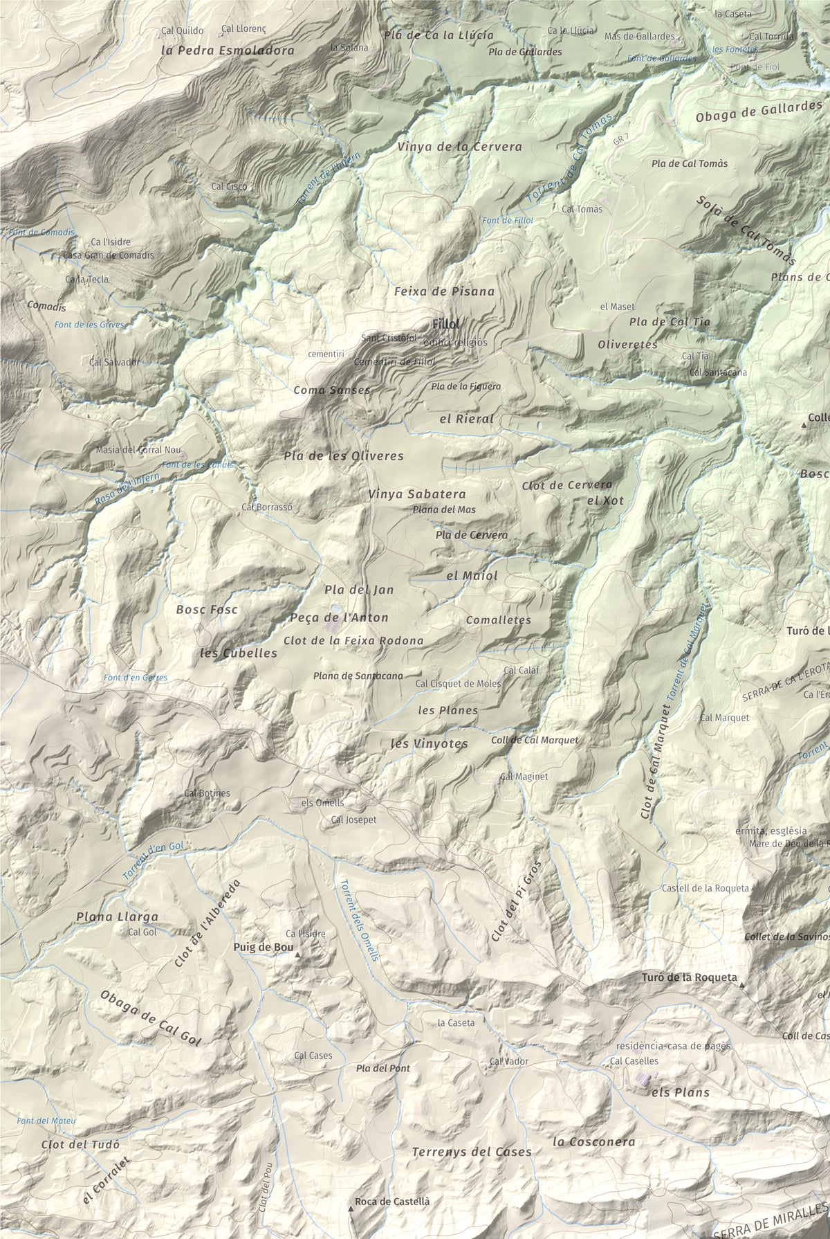 Mapa de relieve de Grony de Miralles, 866 m, Anoia, lámina 100 Cims de Trobart. Detalle de la zona superior izquierda. 61 × 91 cm.