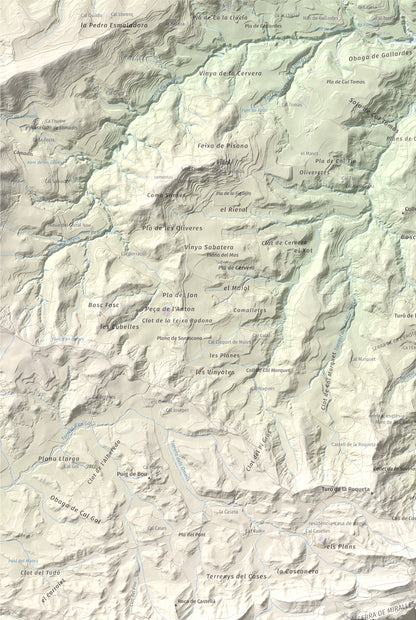 Mapa de relieve de Grony de Miralles, 866 m, Anoia, lámina 100 Cims de Trobart. Detalle de la zona superior izquierda. 61 × 91 cm.