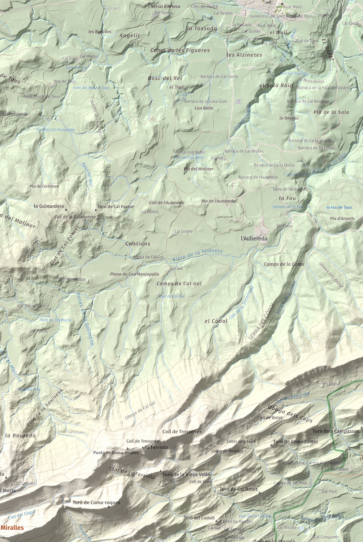 Mapa de relieve de Grony de Miralles, 866 m, Anoia, lámina 100 Cims de Trobart. Detalle de la zona superior derecha. 61 × 91 cm.