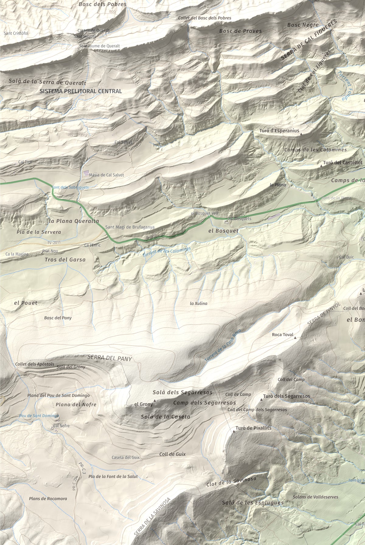 Mapa de relieve de Grony de Miralles, 866 m, Anoia, lámina 100 Cims de Trobart. Detalle de la zona inferior izquierda. 61 × 91 cm.