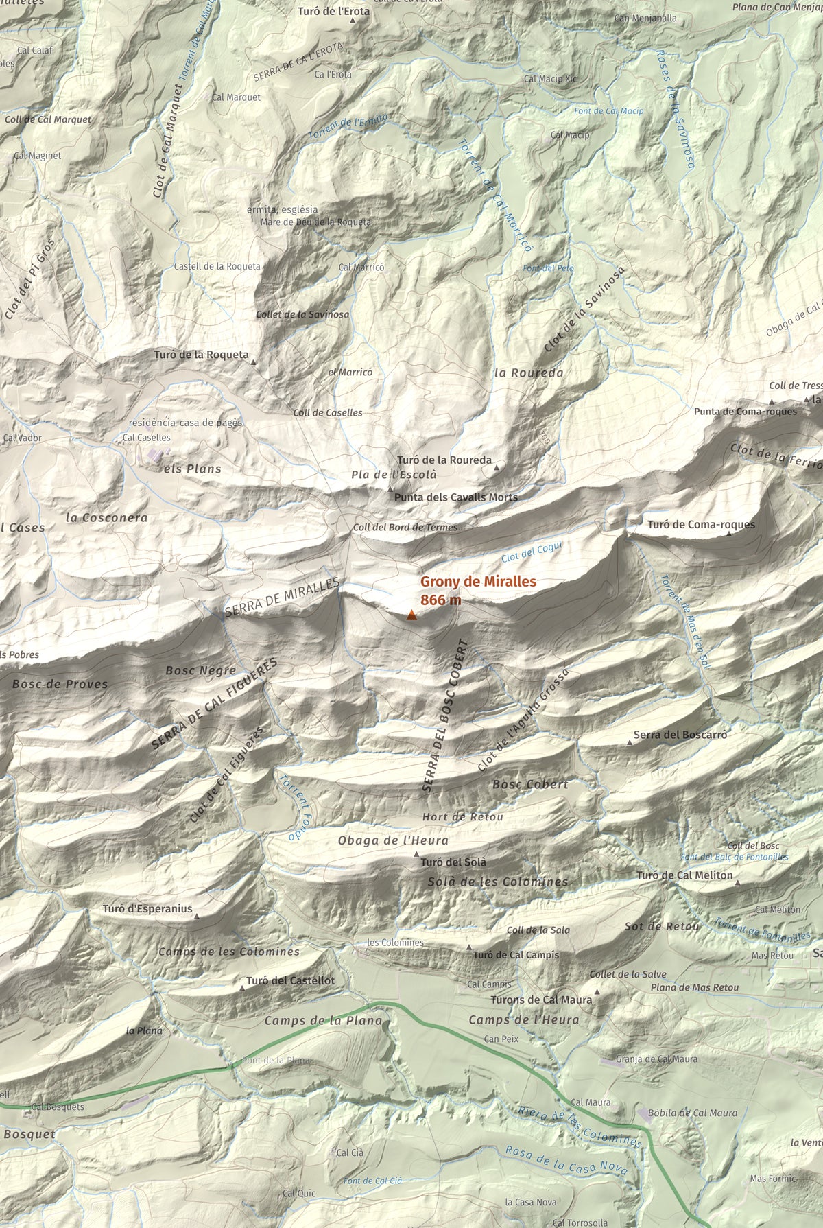 Mapa de relieve de Grony de Miralles, 866 m, Anoia, lámina 100 Cims de Trobart. Detalle de la zona central. 61 × 91 cm.