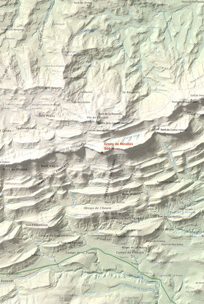 Mapa de relieve de Grony de Miralles, 866 m, Anoia, lámina 100 Cims de Trobart. Detalle de la zona central. 61 × 91 cm.