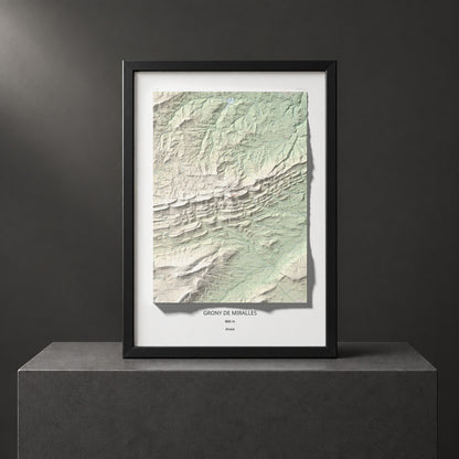 Mapa de relieve de Grony de Miralles, 866 m, Anoia, lámina 100 Cims de Trobart. Presentación enmarcada. 70 × 100 cm.