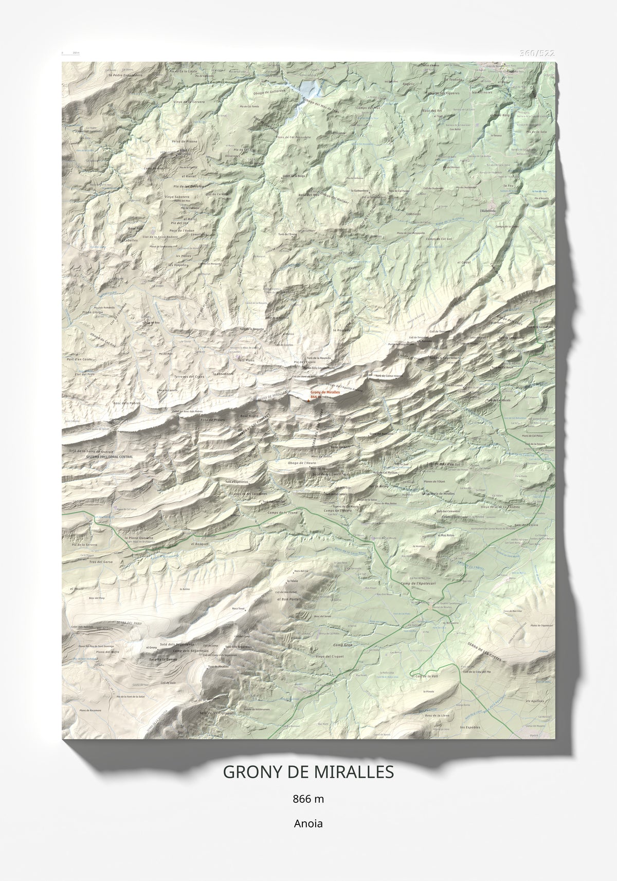 Mapa de relieve de Grony de Miralles, 866 m, Anoia, lámina 100 Cims de Trobart 70 × 100 cm.