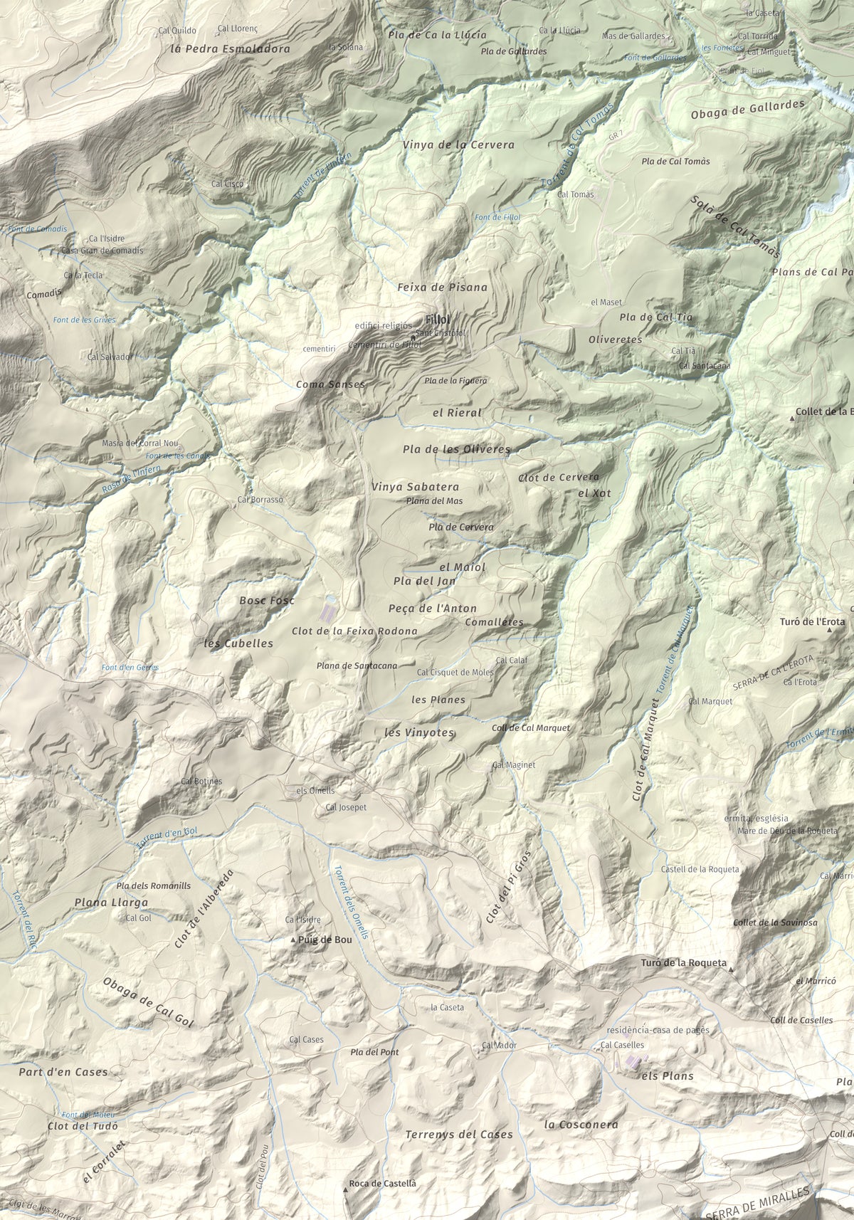 Mapa de relieve de Grony de Miralles, 866 m, Anoia, lámina 100 Cims de Trobart. Detalle de la zona superior izquierda. 70 × 100 cm.