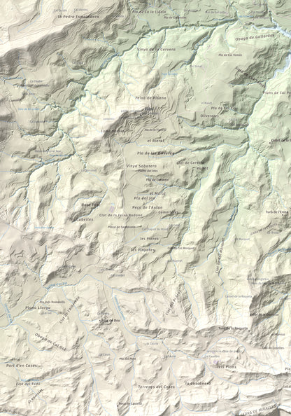 Mapa de relieve de Grony de Miralles, 866 m, Anoia, lámina 100 Cims de Trobart. Detalle de la zona superior izquierda. 70 × 100 cm.
