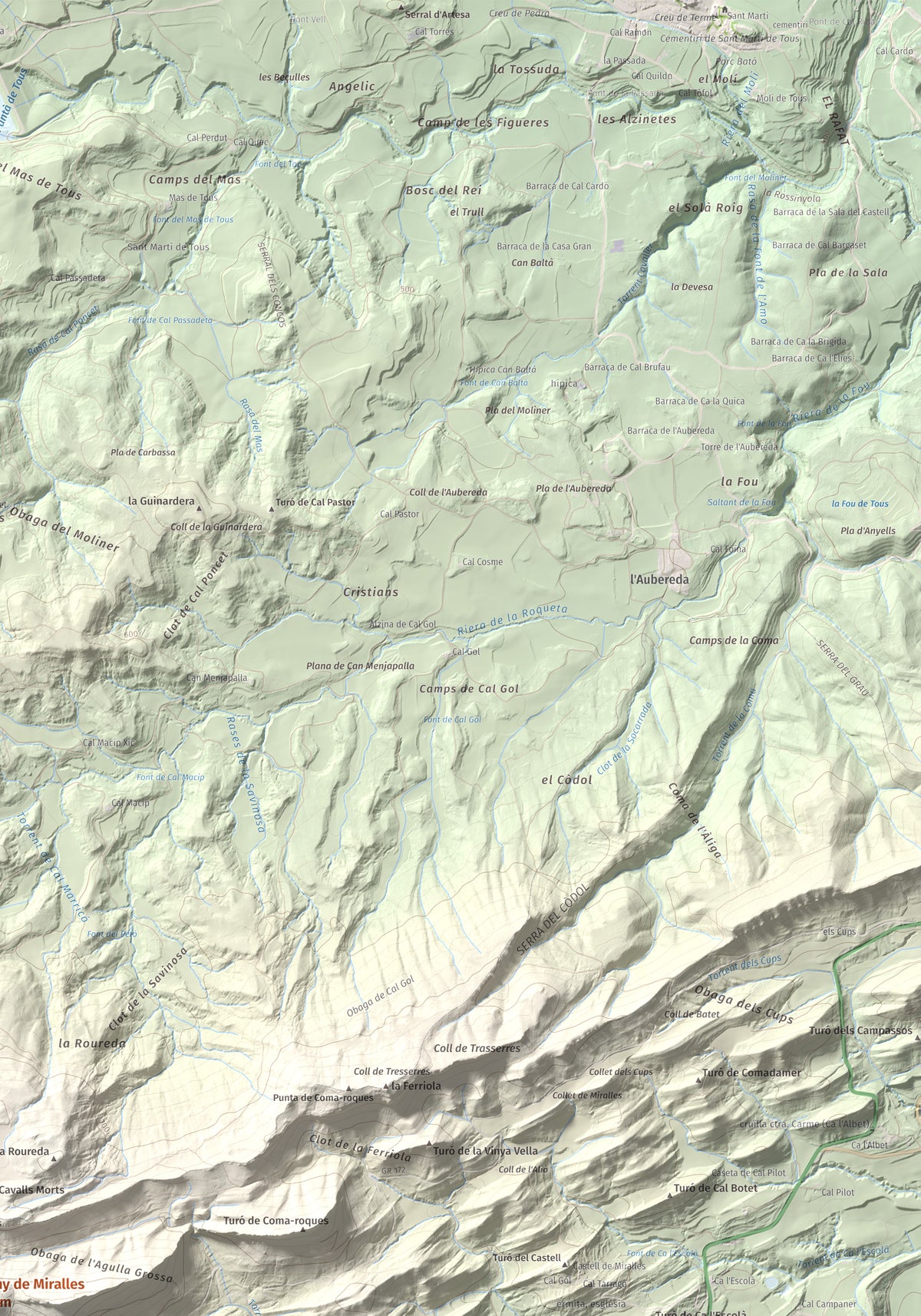 Mapa de relieve de Grony de Miralles, 866 m, Anoia, lámina 100 Cims de Trobart. Detalle de la zona superior derecha. 70 × 100 cm.