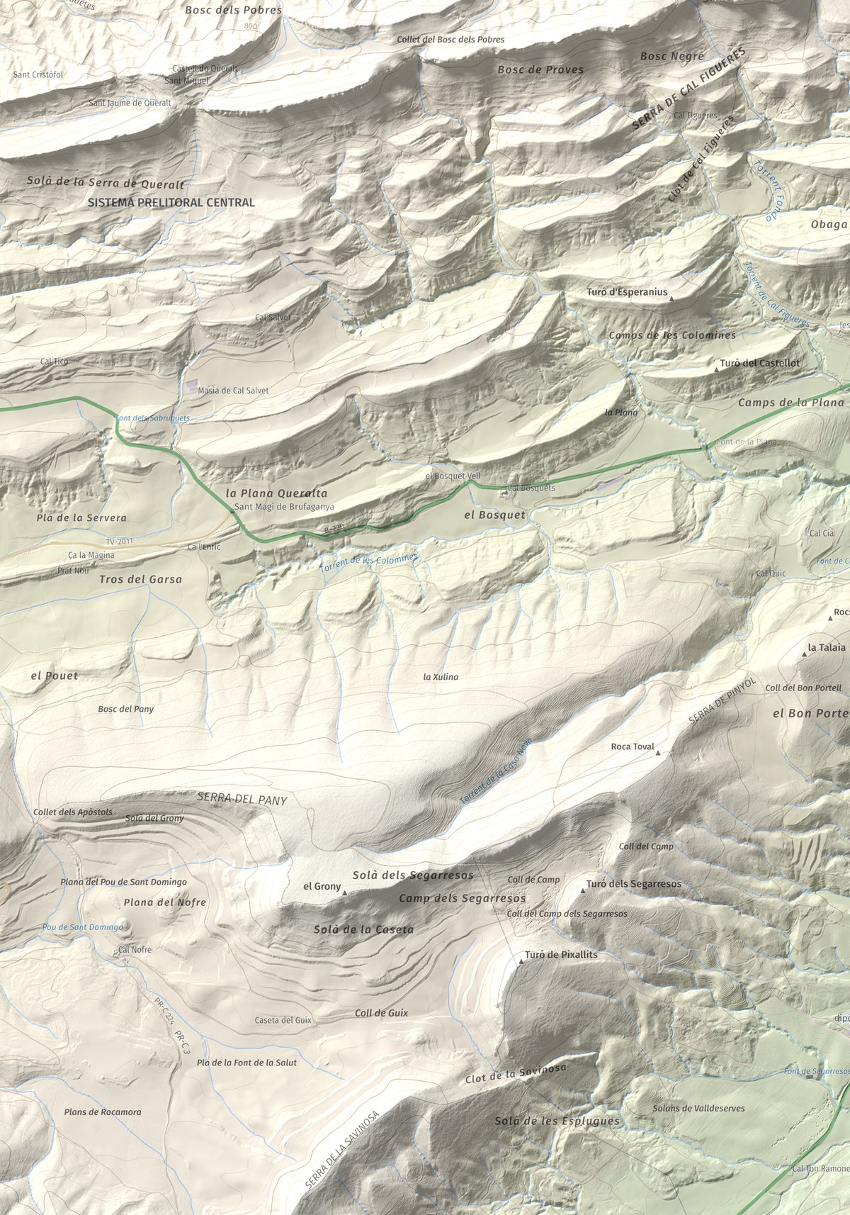 Mapa de relieve de Grony de Miralles, 866 m, Anoia, lámina 100 Cims de Trobart. Detalle de la zona inferior izquierda. 70 × 100 cm.