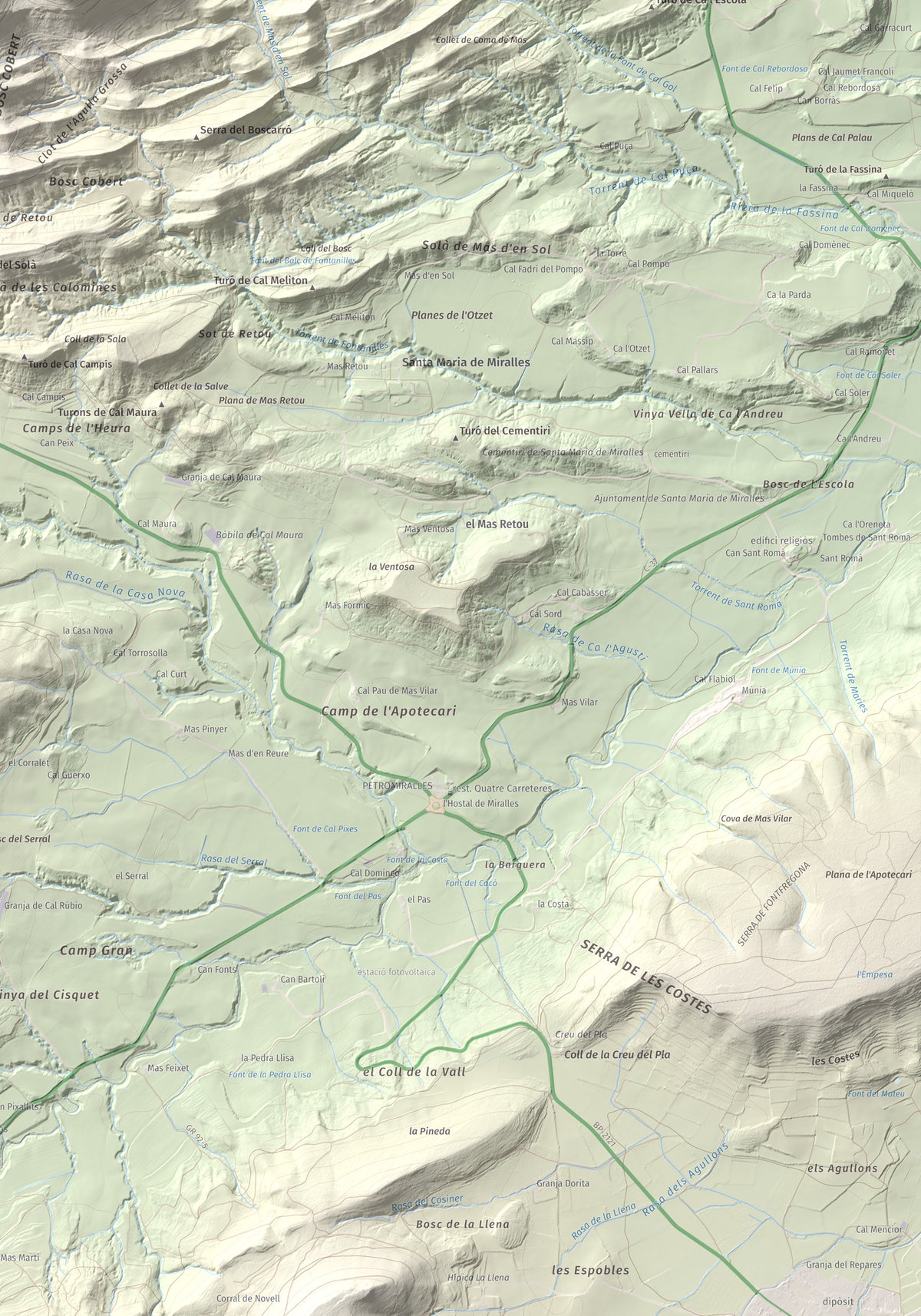 Mapa de relieve de Grony de Miralles, 866 m, Anoia, lámina 100 Cims de Trobart. Detalle de la zona inferior derecha. 70 × 100 cm.