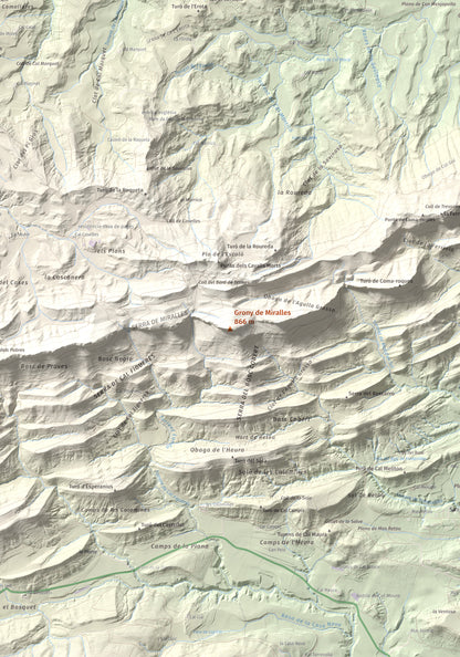 Mapa de relieve de Grony de Miralles, 866 m, Anoia, lámina 100 Cims de Trobart. Detalle de la zona central. 70 × 100 cm.