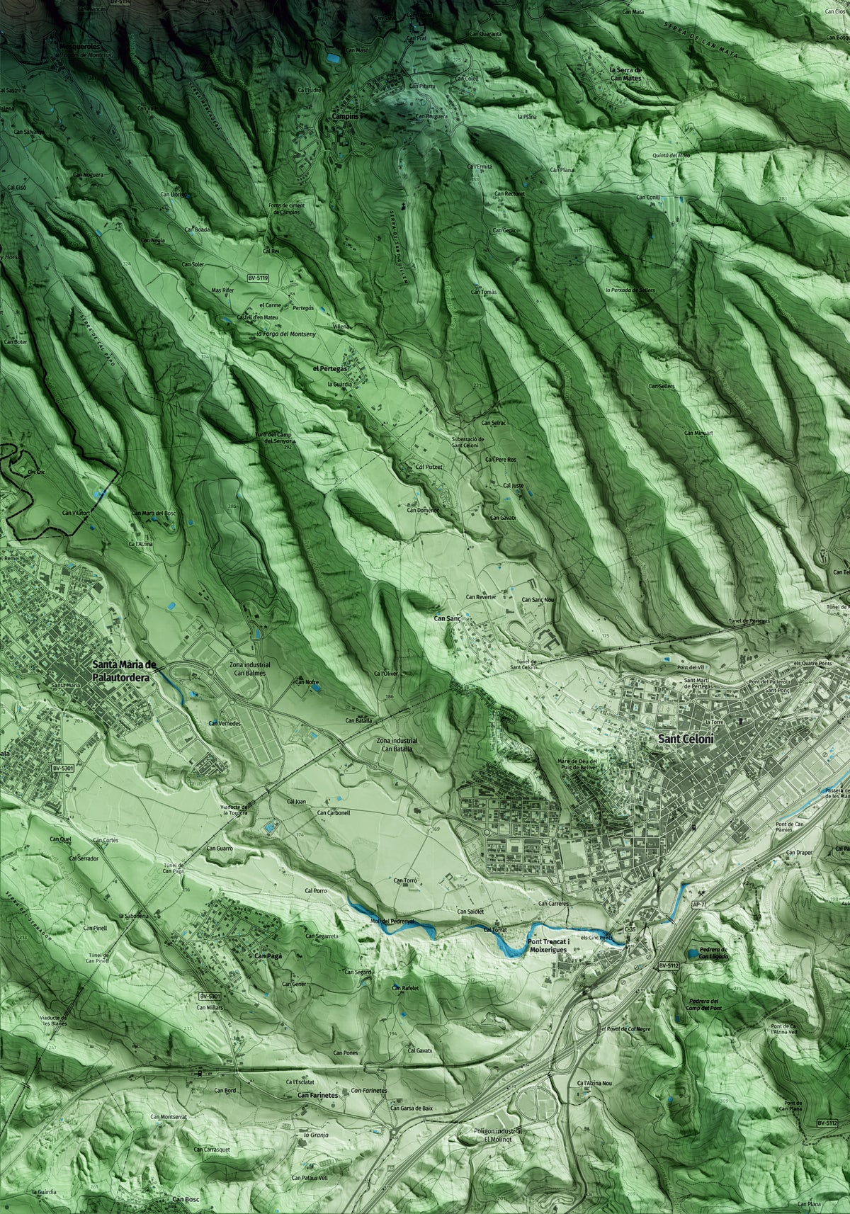 Mapa artístico del relieve de Gualba, al Vallès Oriental, con 15 km de entorno y base topográfica ICGC. Detalle de la zona inferior izquierda.