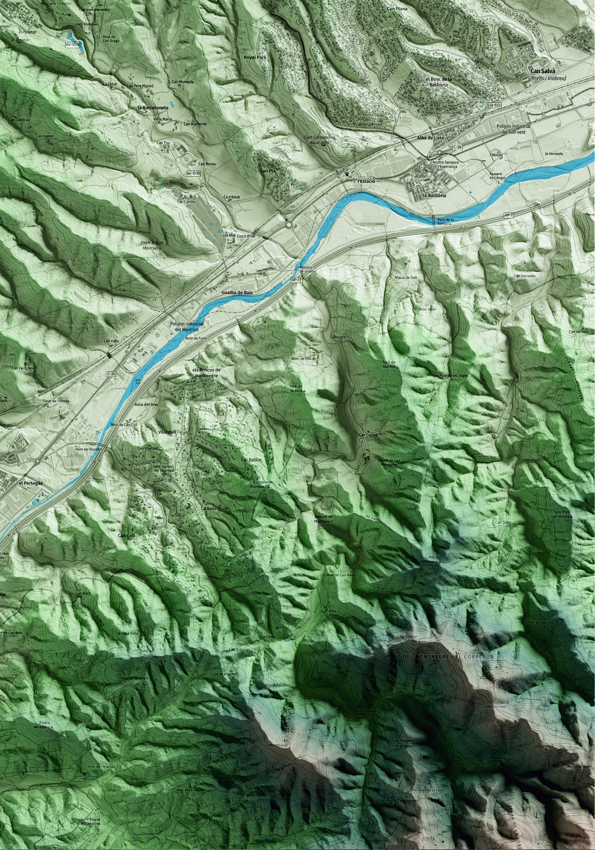 Mapa artístico del relieve de Gualba, al Vallès Oriental, con 15 km de entorno y base topográfica ICGC. Detalle de la zona inferior derecha.