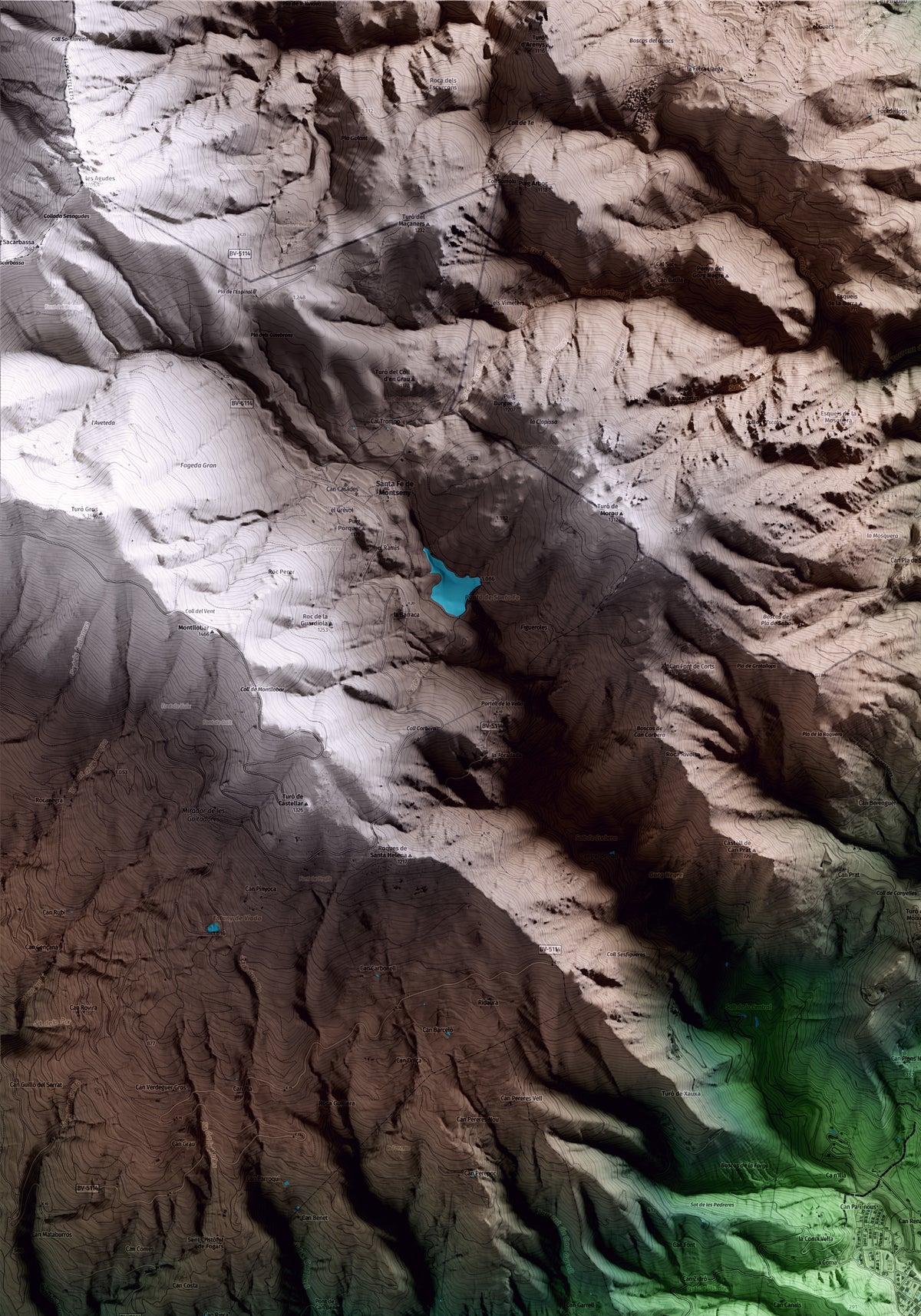 Mapa artístico del relieve de Gualba, al Vallès Oriental, con 15 km de entorno y base topográfica ICGC. Detalle de la zona superior izquierda.