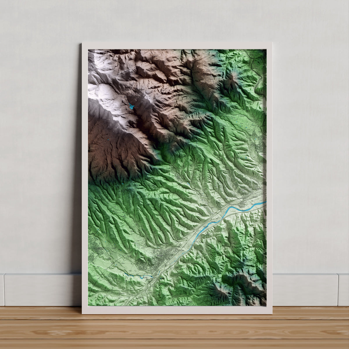 Mapa artístico del relieve de Gualba, al Vallès Oriental, con 15 km de entorno y base topográfica ICGC. Presentación enmarcada.