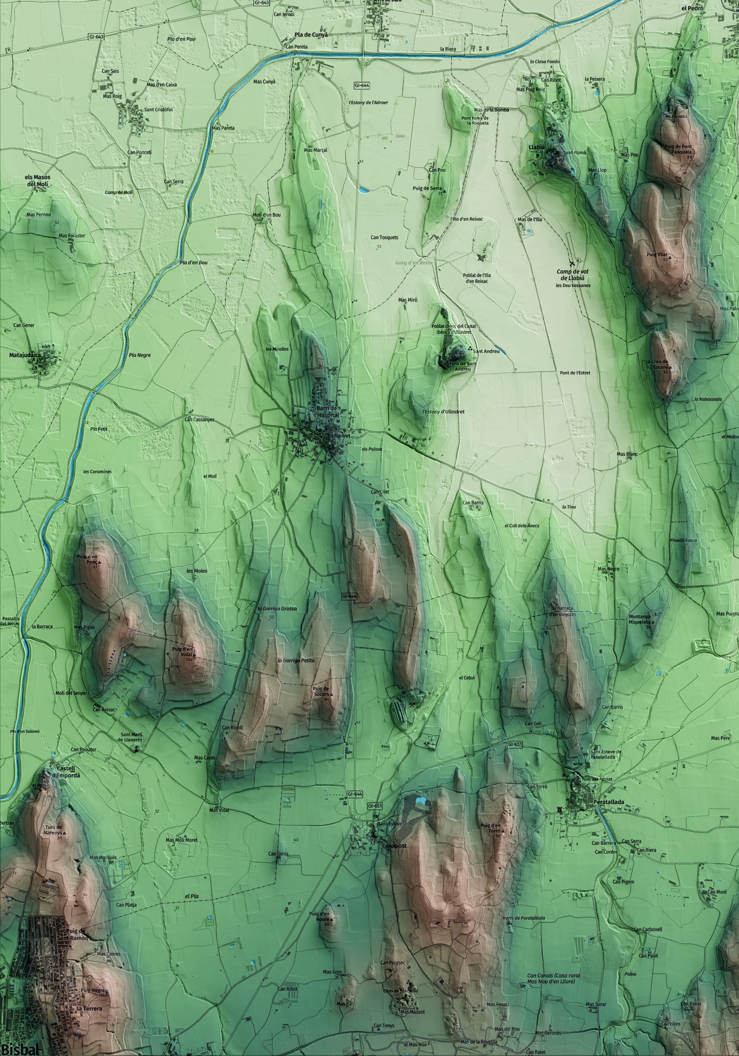 Mapa artístico del relieve de Gualta, al Baix Empordà, con 15 km de entorno y base topográfica ICGC. Detalle de la zona inferior izquierda.