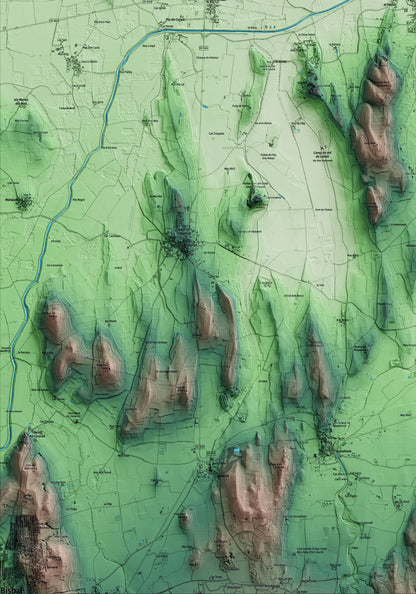 Mapa artístico del relieve de Gualta, al Baix Empordà, con 15 km de entorno y base topográfica ICGC. Detalle de la zona inferior izquierda.