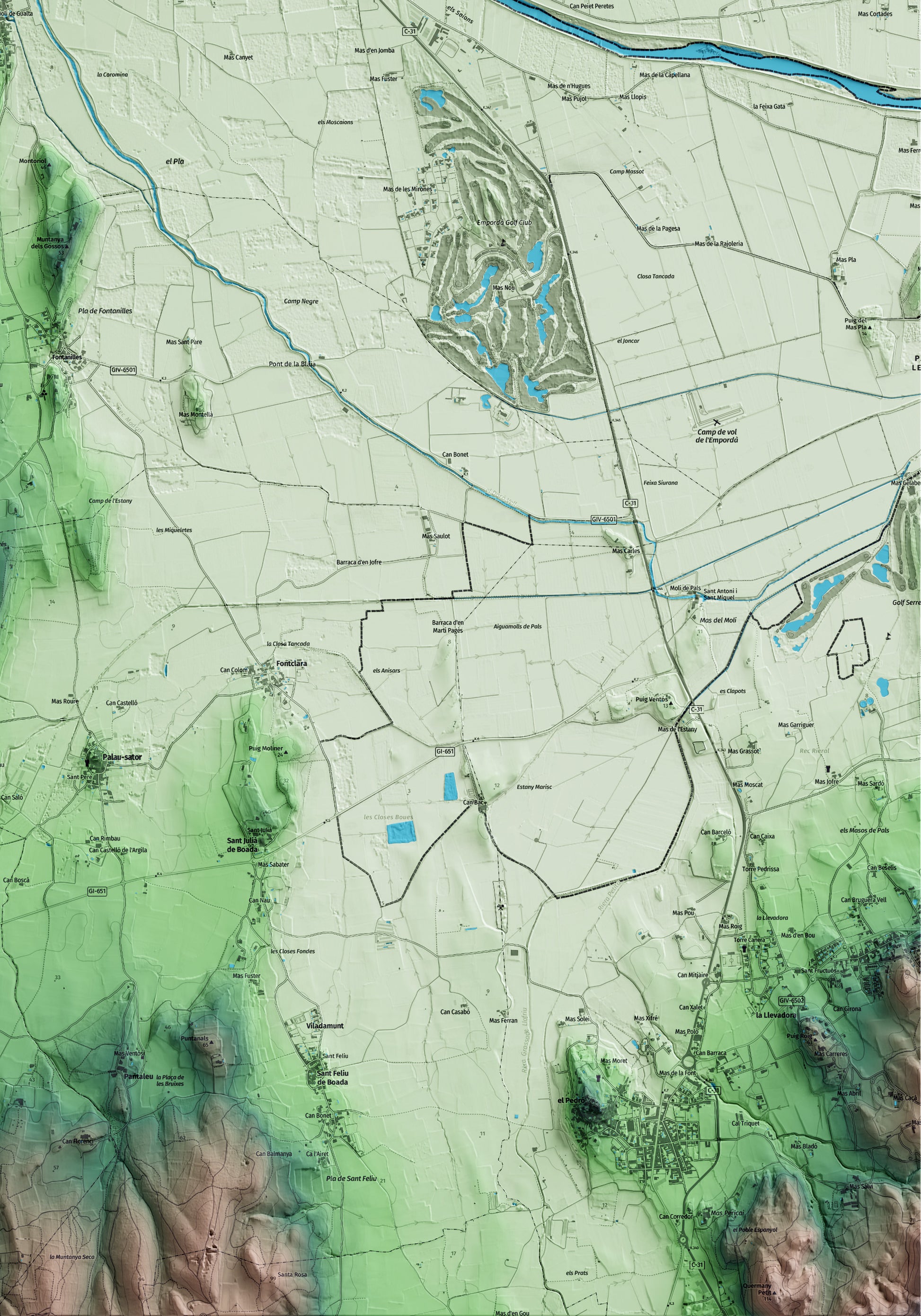 Mapa artístico del relieve de Gualta, al Baix Empordà, con 15 km de entorno y base topográfica ICGC. Detalle de la zona inferior derecha.