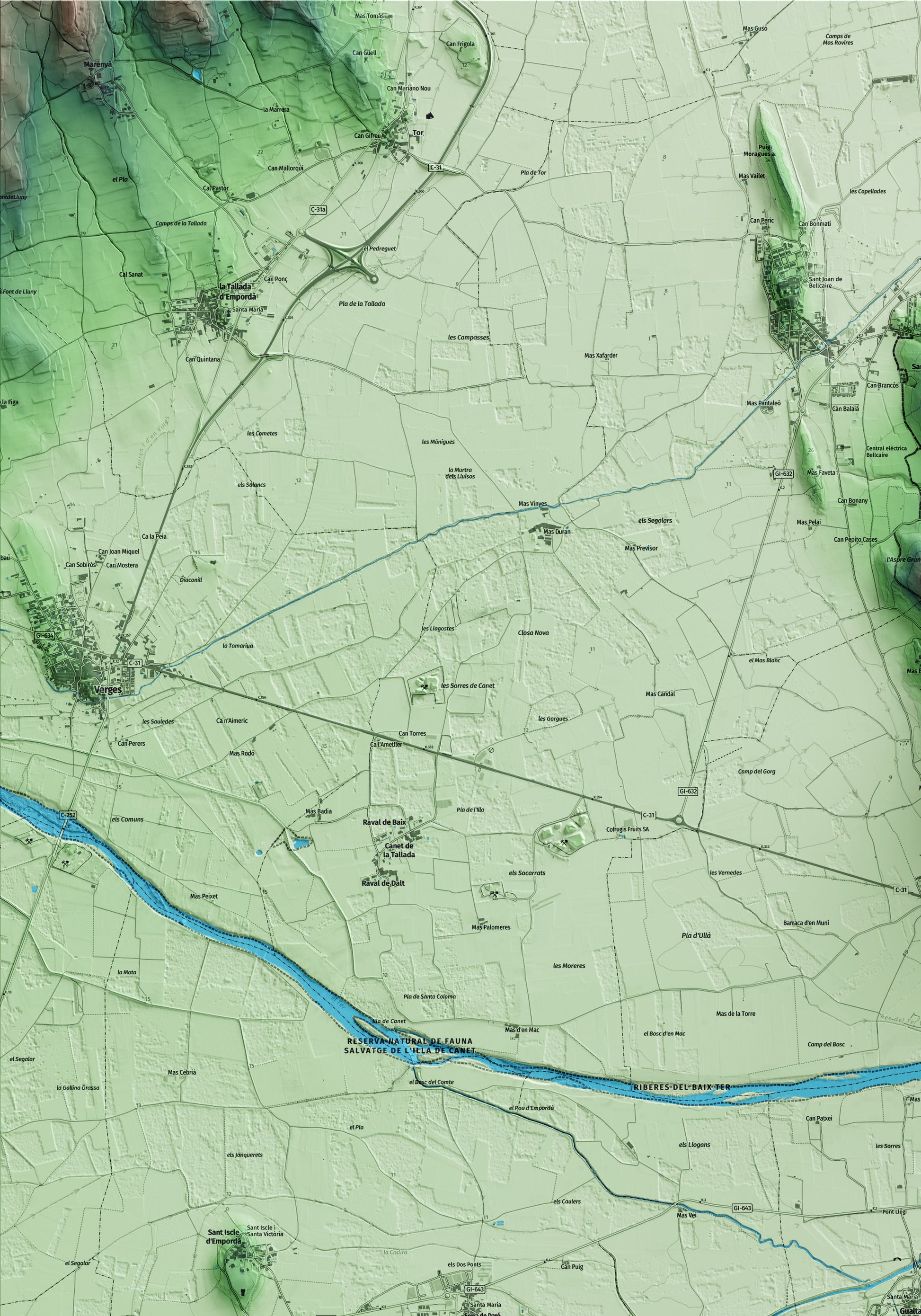 Mapa artístico del relieve de Gualta, al Baix Empordà, con 15 km de entorno y base topográfica ICGC. Detalle de la zona superior izquierda.