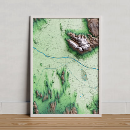 Mapa artístico del relieve de Gualta, al Baix Empordà, con 15 km de entorno y base topográfica ICGC. Presentación enmarcada.