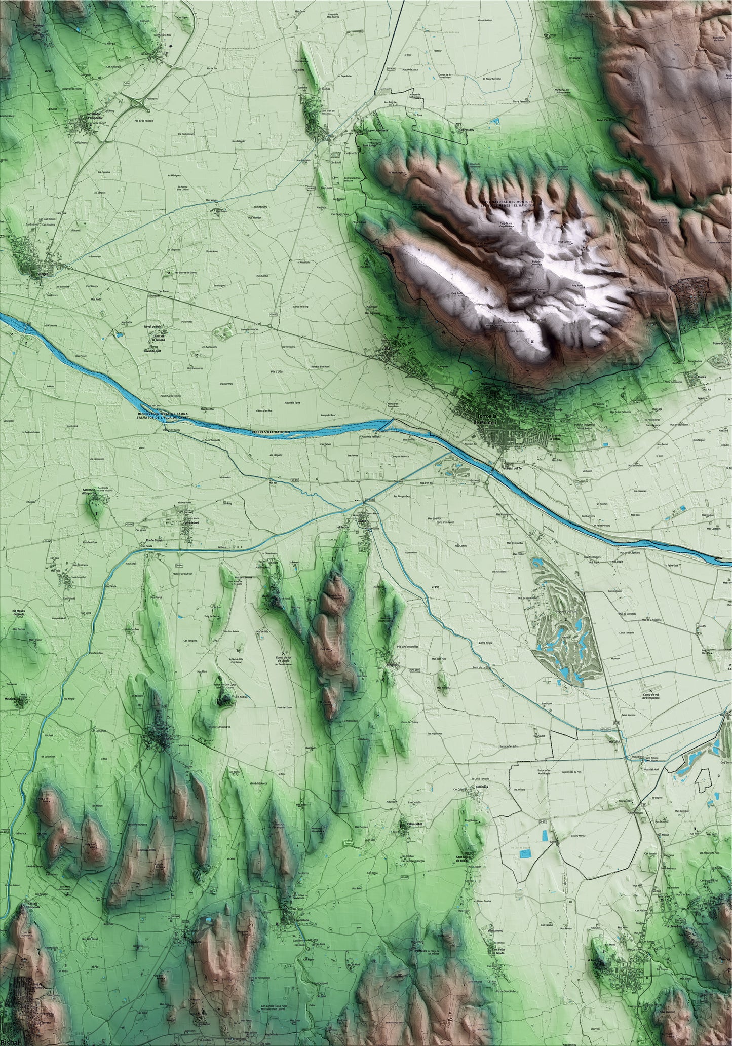 Mapa artístico del relieve de Gualta, al Baix Empordà, con 15 km de entorno y base topográfica ICGC